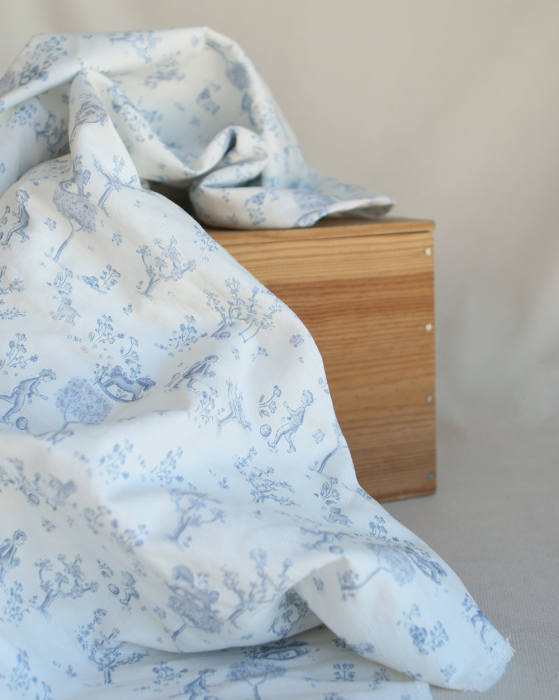 Maria - Tissu coton texturé version toile de jouy bleu