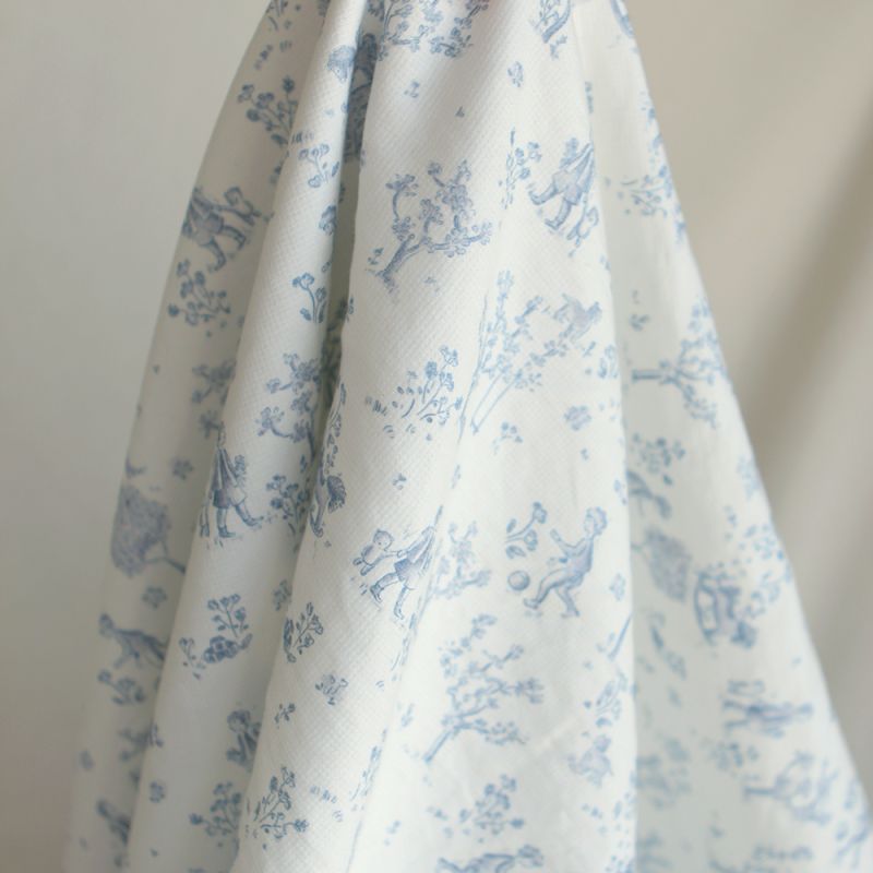 Maria - Tissu coton texturé version toile de jouy bleu