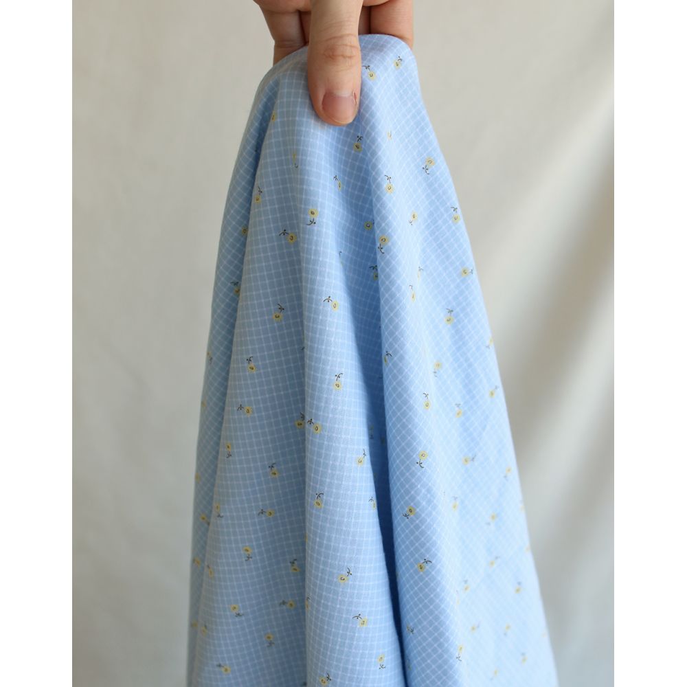 Seersucker quadrillage fin minis fleurs fond bleu