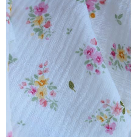 Amalia - Double gaze de coton BIO blanc motif fleuri aquarelle Amalia - Double gaze de coton BIO blanc motif fleuri aquarelle
