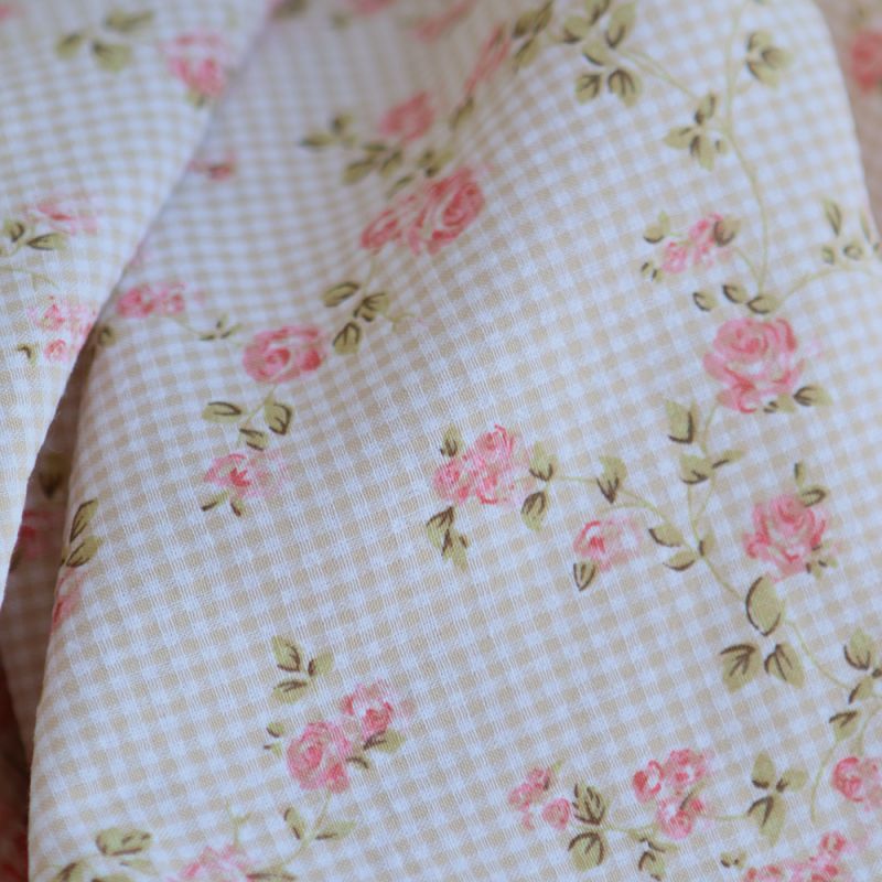 Soline - Seersucker / Coton gaufré vichy mini 2mm beige à motif fleuri