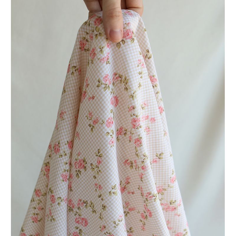 Soline - Seersucker / Coton gaufré vichy mini 2mm beige à motif fleuri