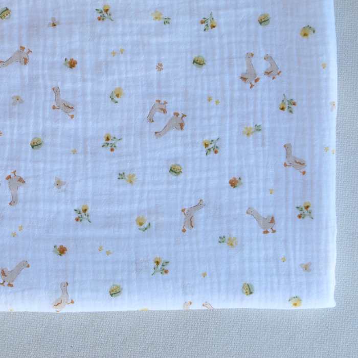 Octave - Double gaze de coton BIO blanc motif petites oies