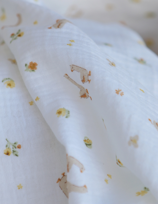 Octave - Double gaze de coton BIO blanc motif petites oies