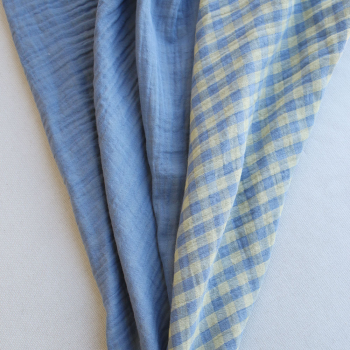 Double gaze de coton réversible vichy lemon et bleu baltique