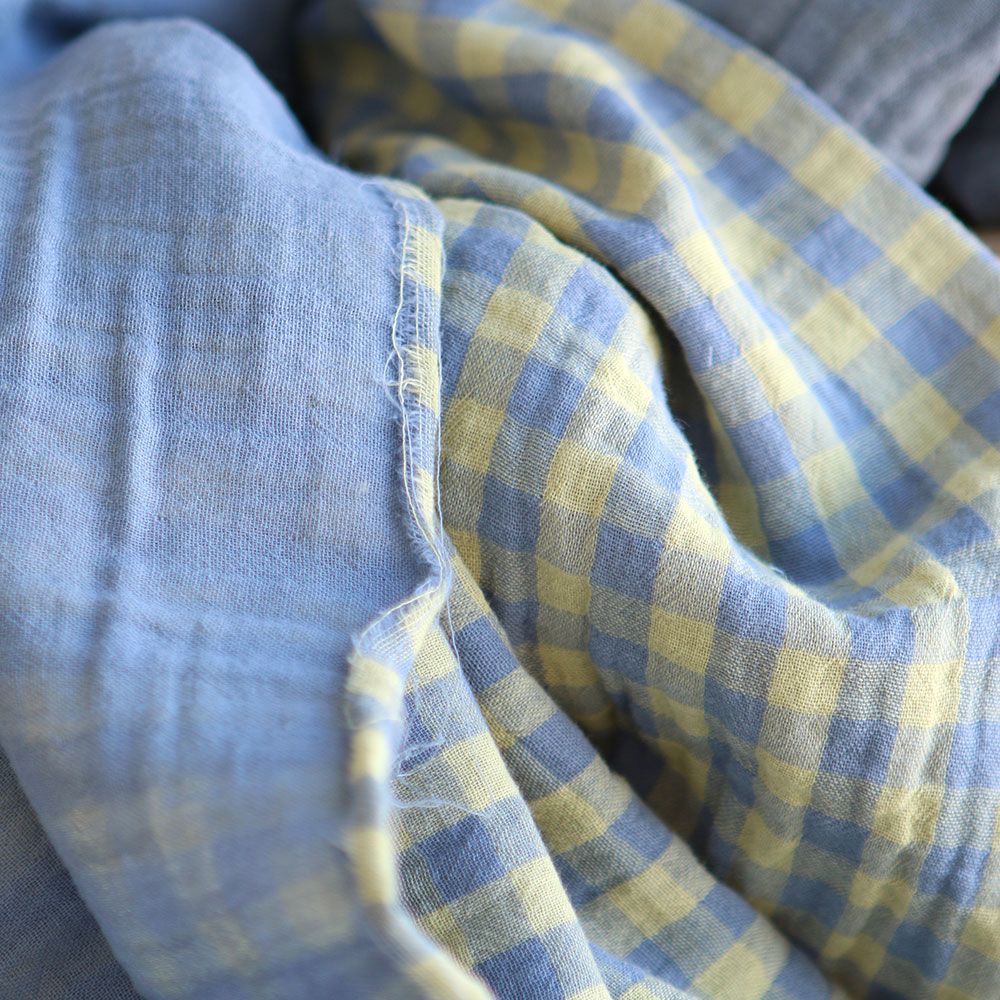 Double gaze de coton réversible vichy lemon et bleu baltique