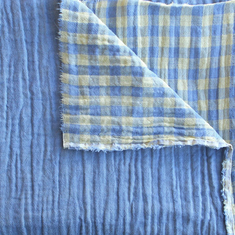 Double gaze de coton réversible vichy lemon et bleu baltique