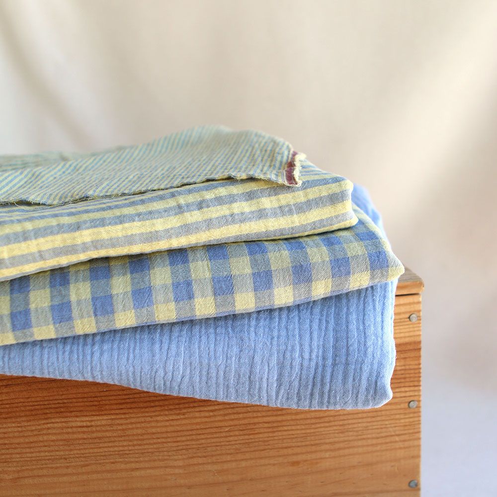 Double gaze de coton réversible vichy lemon et bleu baltique