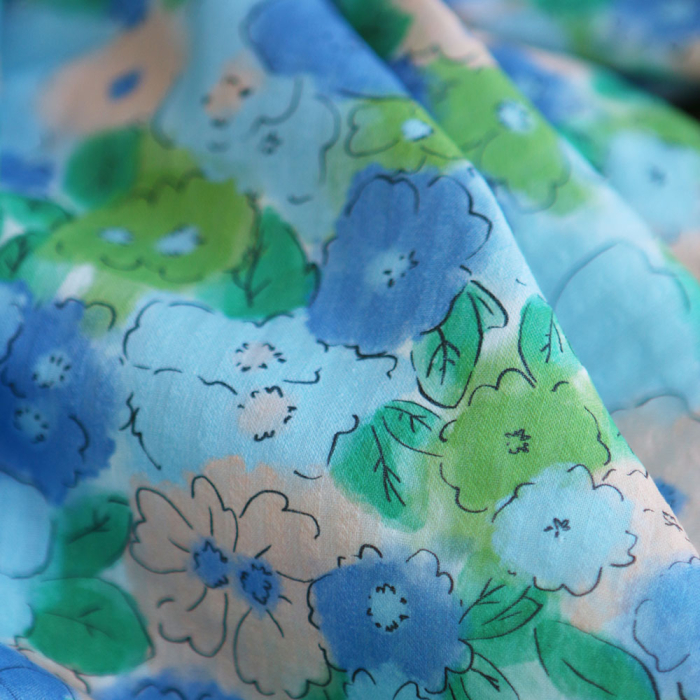 Seersucker / Coton gaufré motif fleuri bleu