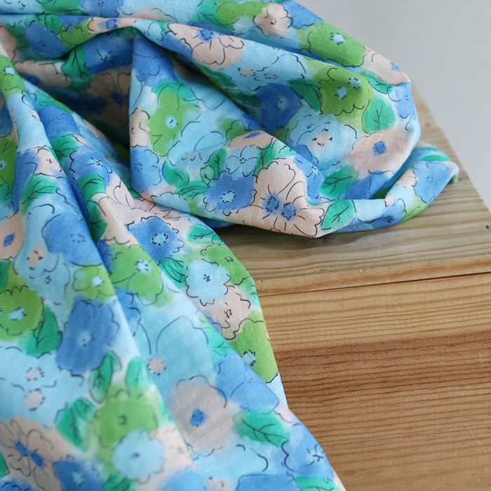 Seersucker / Coton gaufré motif fleuri bleu