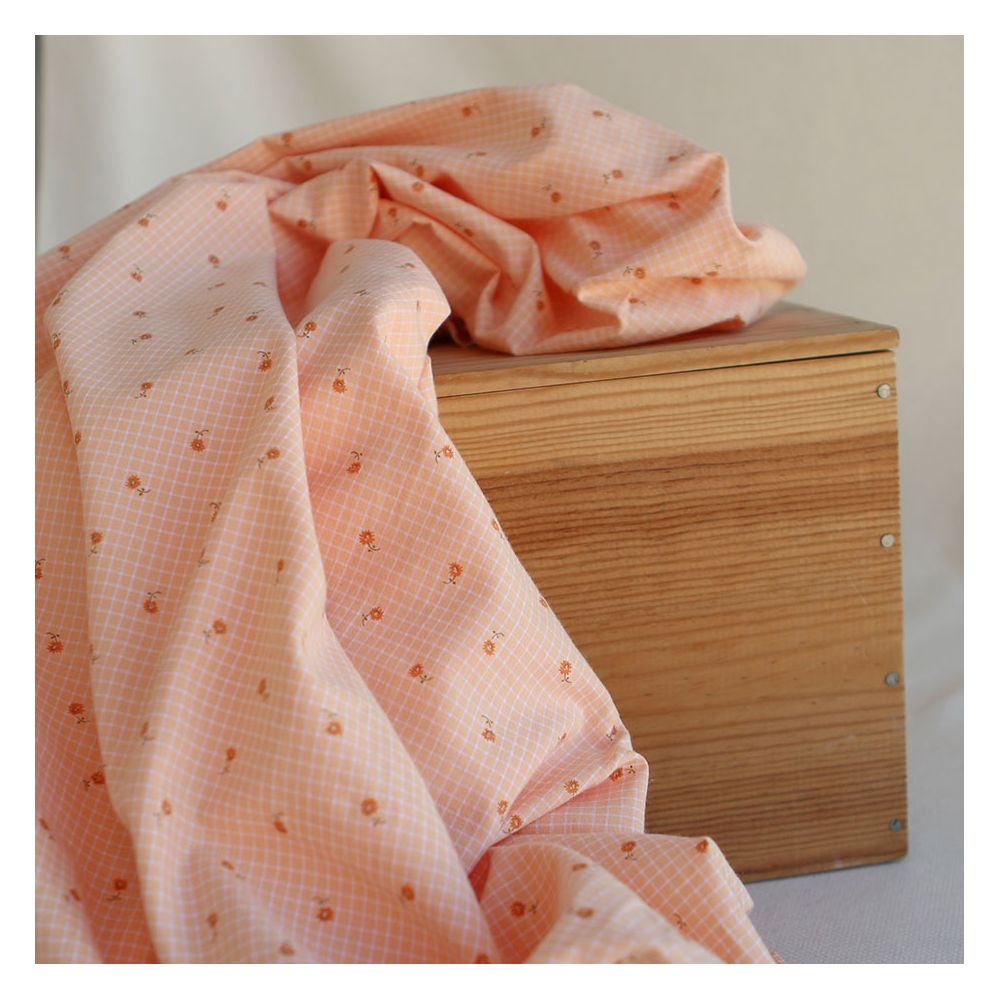 Seersucker quadrillage fin minis fleurs fond sorbet abricot