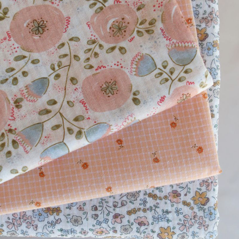 Seersucker quadrillage fin minis fleurs fond sorbet abricot