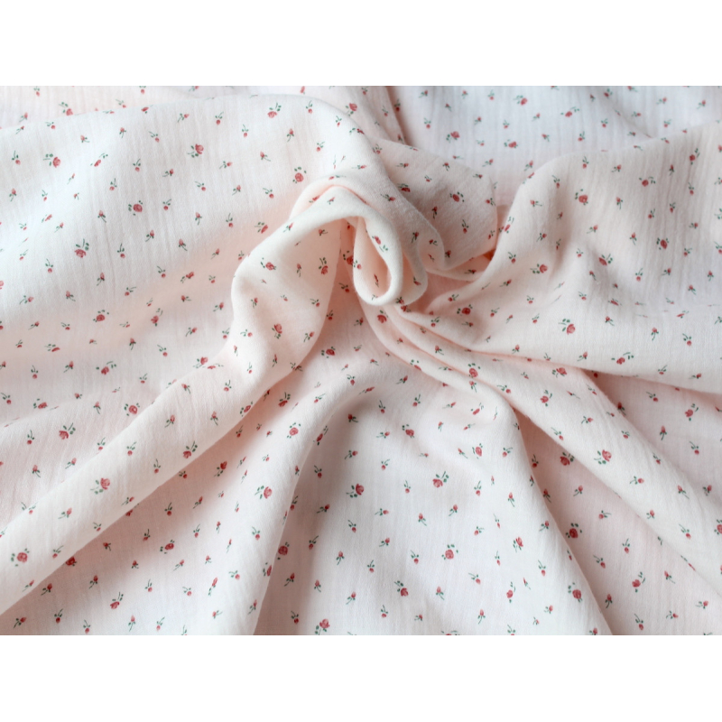 Double gaze de coton rose poudré à motifs petites fleurs