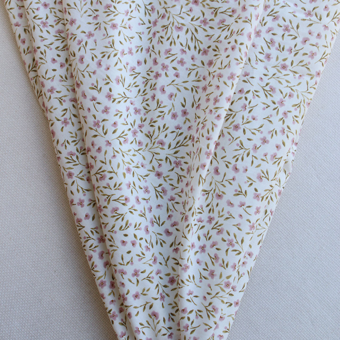 Noémie - Popeline de coton douce qualité SWEET lait fleuri vert et bois de rose