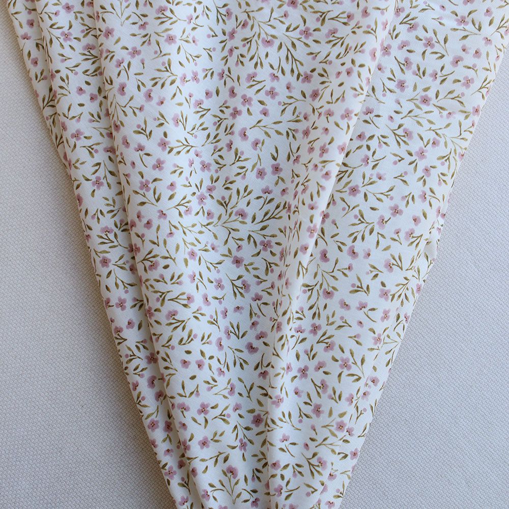 Noémie - Popeline de coton douce qualité SWEET lait fleuri vert et bois de rose
