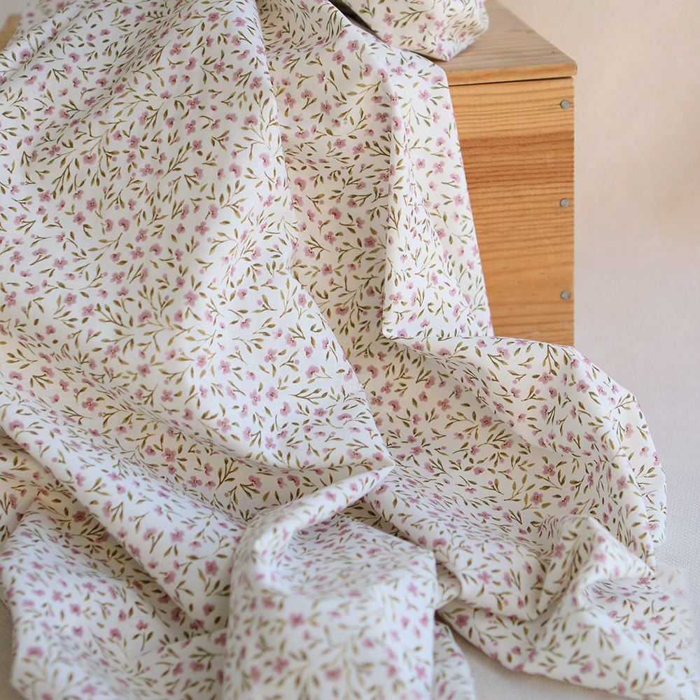 Noémie - Popeline de coton douce qualité SWEET lait fleuri vert et bois de rose