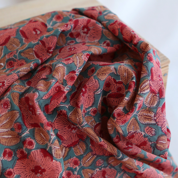 Sahar - Tissu indien coton hand block traditionnel Teal