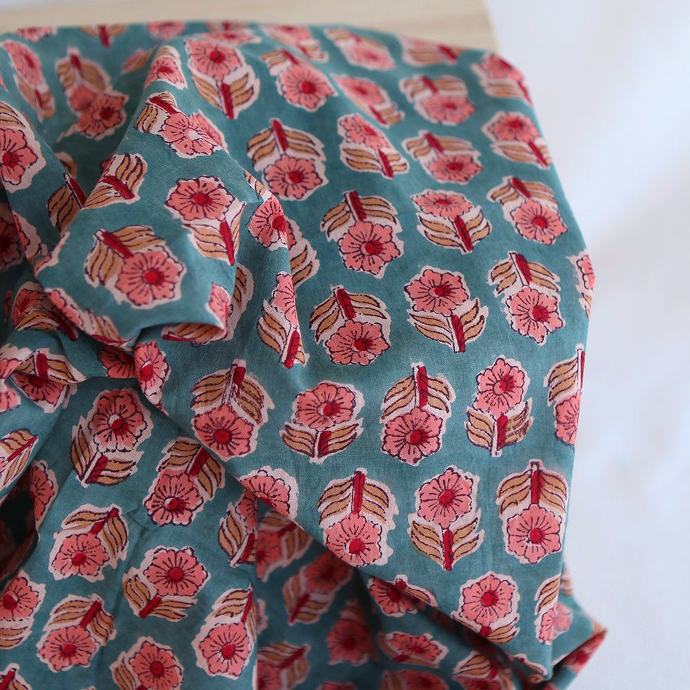 Sahar B - Tissu indien coton hand block traditionnel Teal