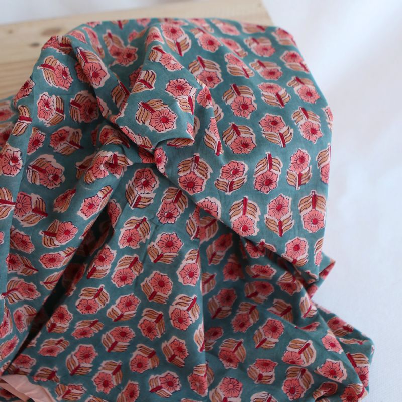 Sahar B - Tissu indien coton hand block traditionnel Teal