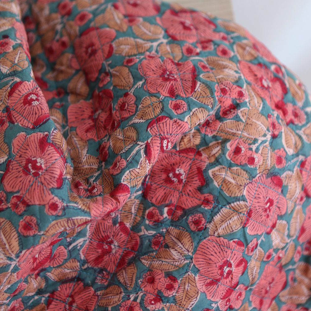 Sahar - Tissu indien matelassé double face coton hand block teal largeur 100cm