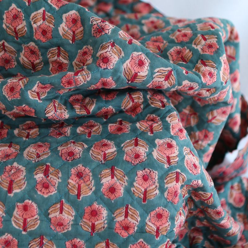 Sahar - Tissu indien matelassé double face coton hand block teal largeur 100cm