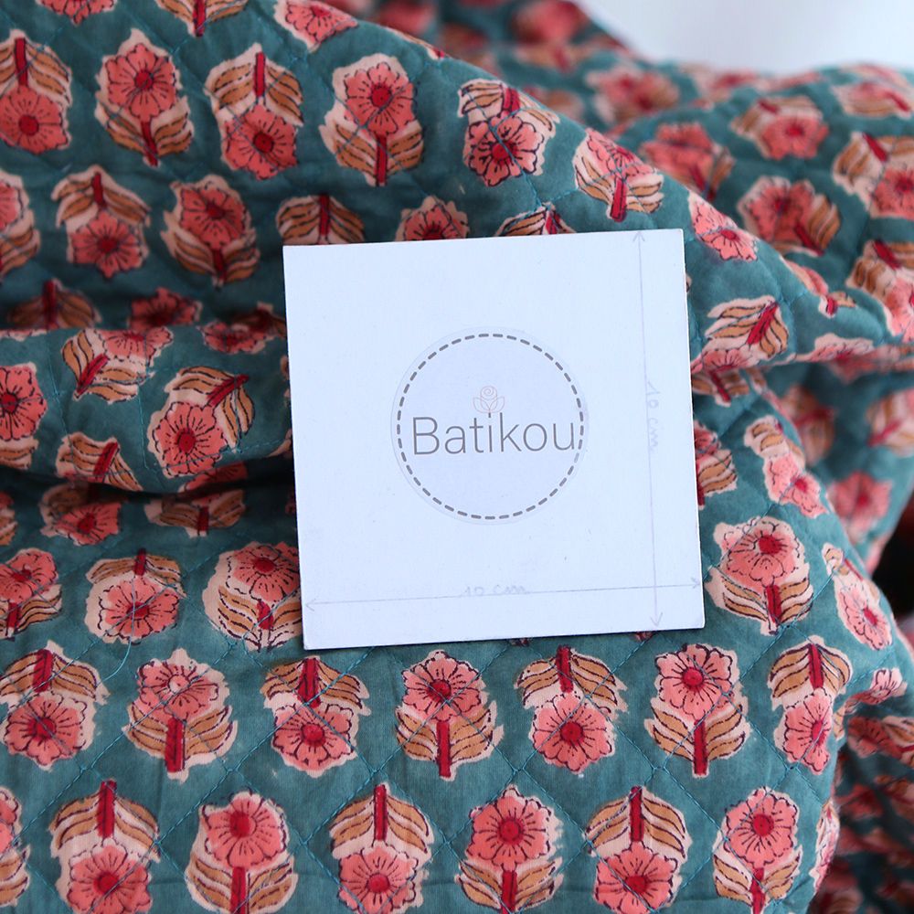 Sahar - Tissu indien matelassé double face coton hand block teal largeur 100cm