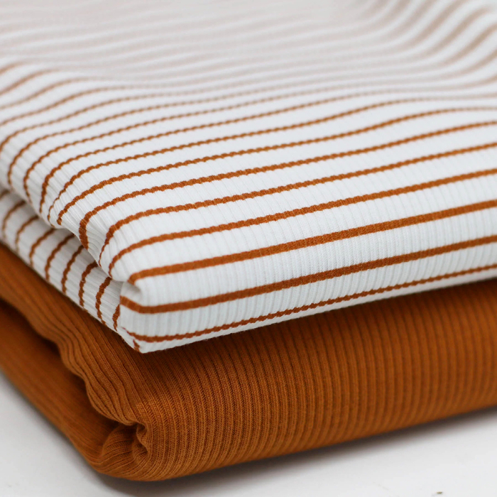 Tissu jersey fines côtes mélange coton motif rayures écureuil RIB