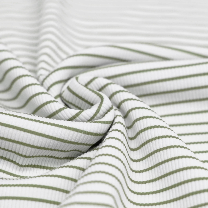 Tissu jersey fines côtes mélange coton motif rayures kaki clair RIB