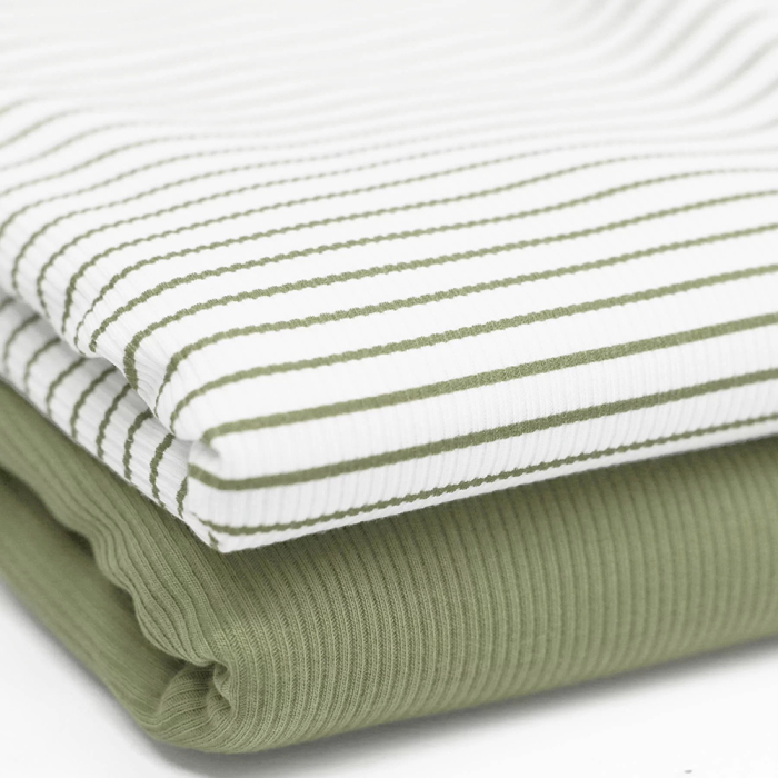 Tissu jersey fines côtes mélange coton motif rayures kaki clair RIB
