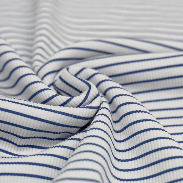 Tissu jersey fines côtes mélange coton motif rayures bleu jean RIB