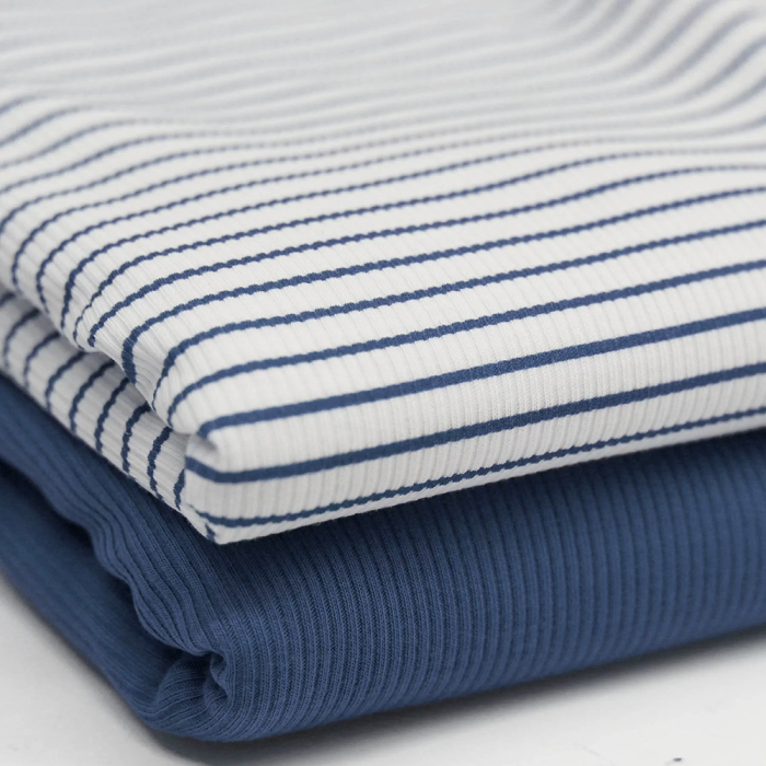 Tissu jersey fines côtes mélange coton motif rayures bleu jean RIB