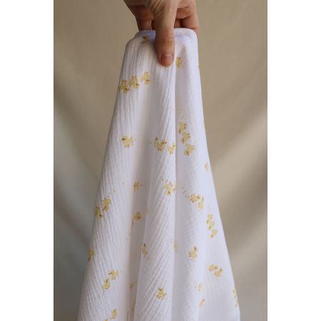 Cannetons - Double gaze de coton fond blanc motif cannetons jaunes Cannetons - Double gaze de coton fond blanc motif cannetons jaunes