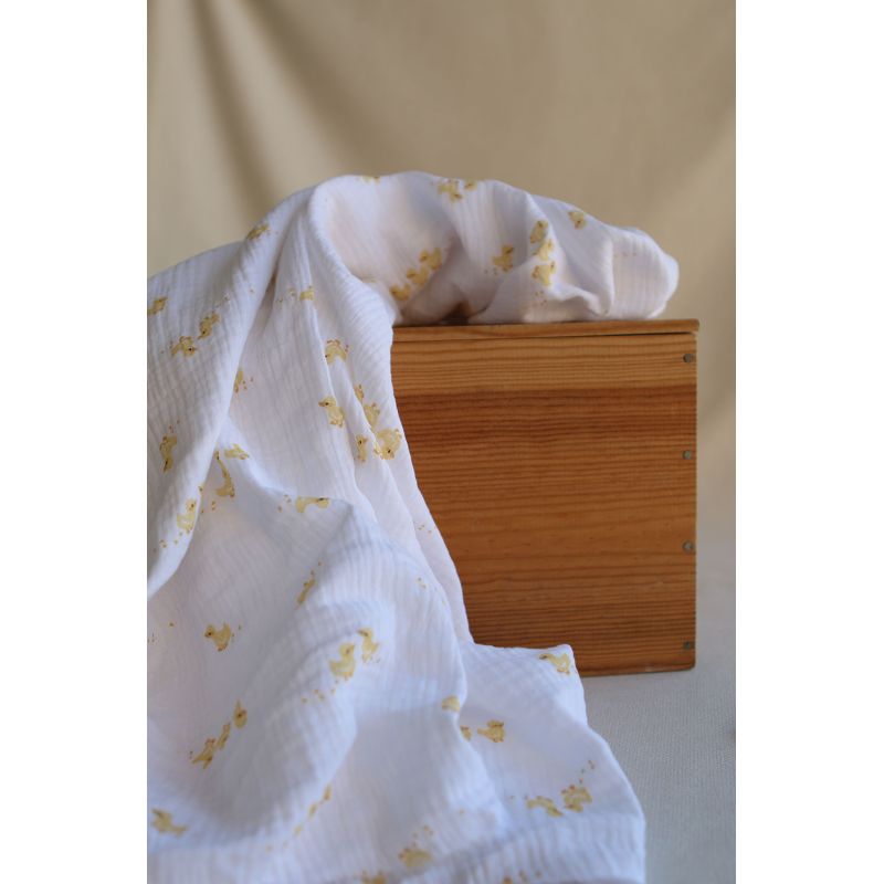 Cannetons - Double gaze de coton fond blanc motif cannetons jaunes