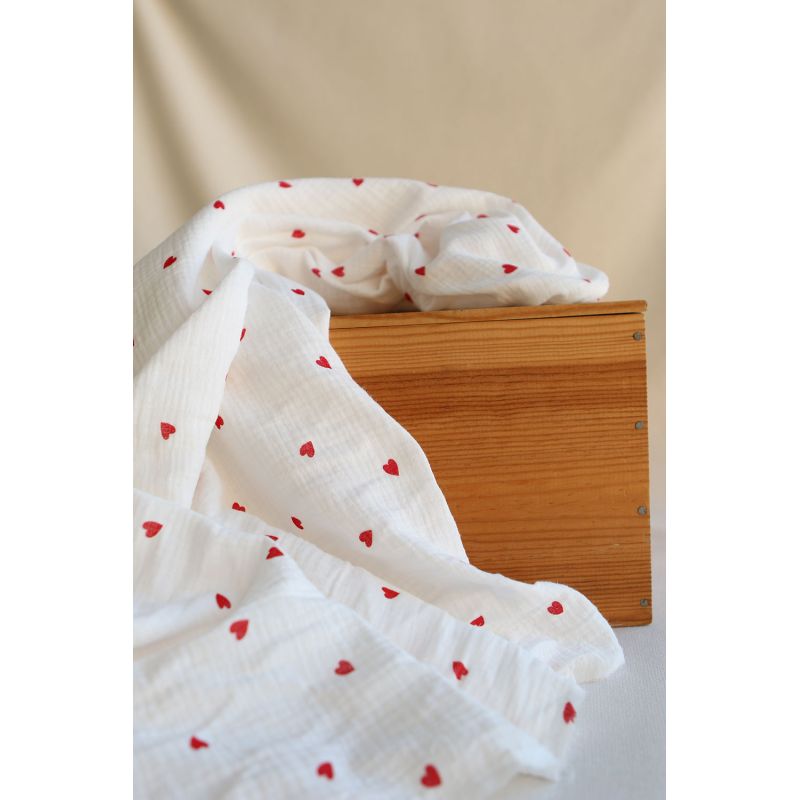 Corazon - Double gaze de coton imprimé coeurs rouges