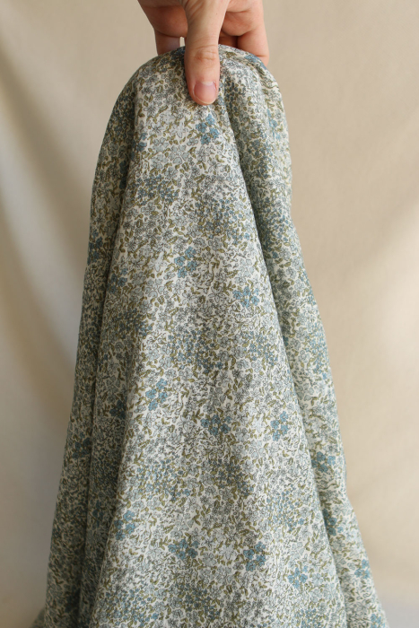 Double gaze de coton imprimé fleuri bleu