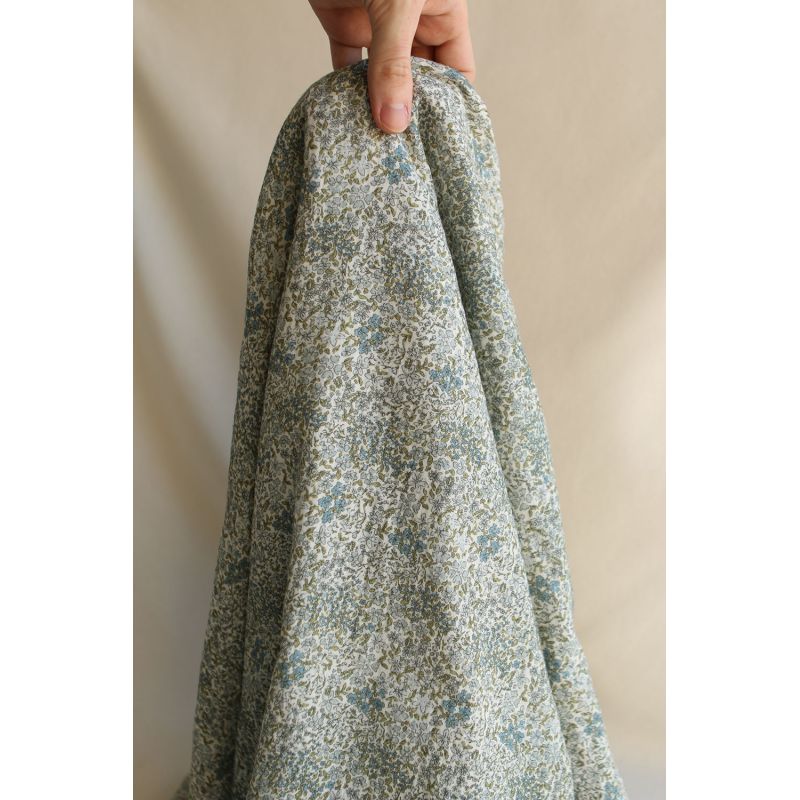 Double gaze de coton imprimé fleuri bleu