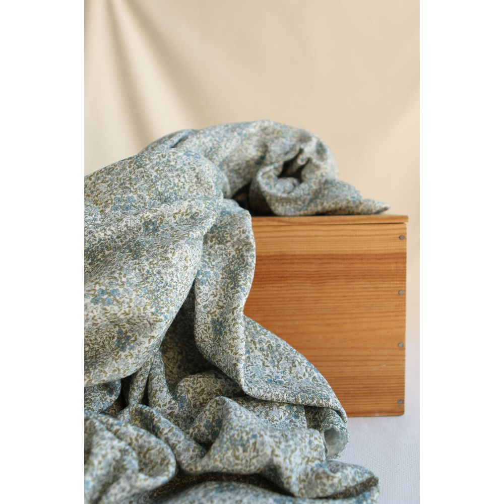 Double gaze de coton imprimé fleuri bleu
