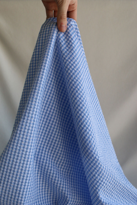Seersucker / Coton mélangé gaufré vichy blanc et bleu ciel