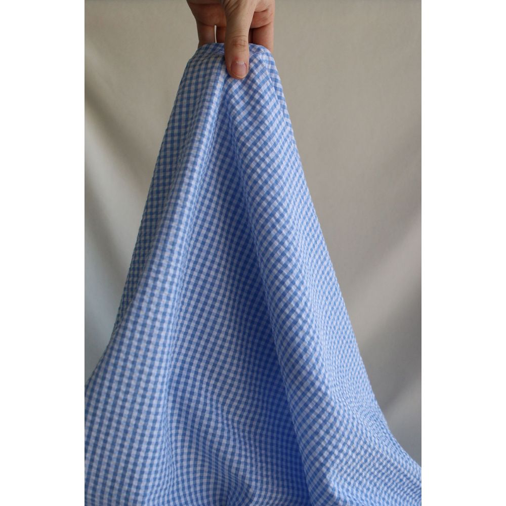 Seersucker / Coton mélangé gaufré vichy blanc et bleu ciel