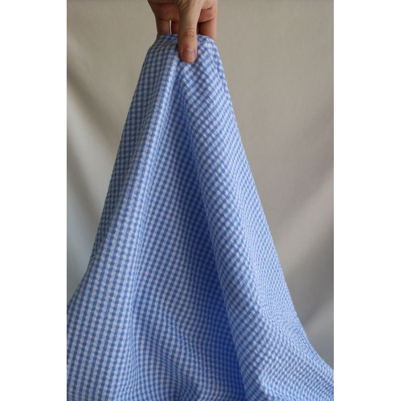 Seersucker / Coton mélangé gaufré vichy blanc et bleu ciel