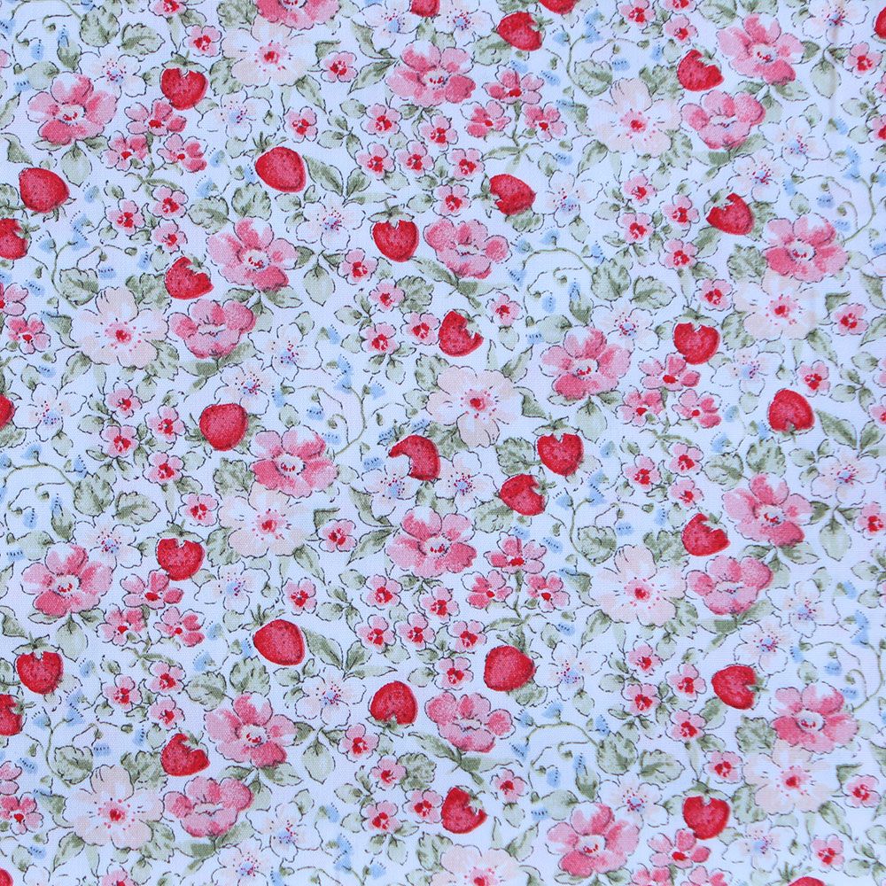 Gariguette - Popeline de coton BIO imprimé fleurs et fraises