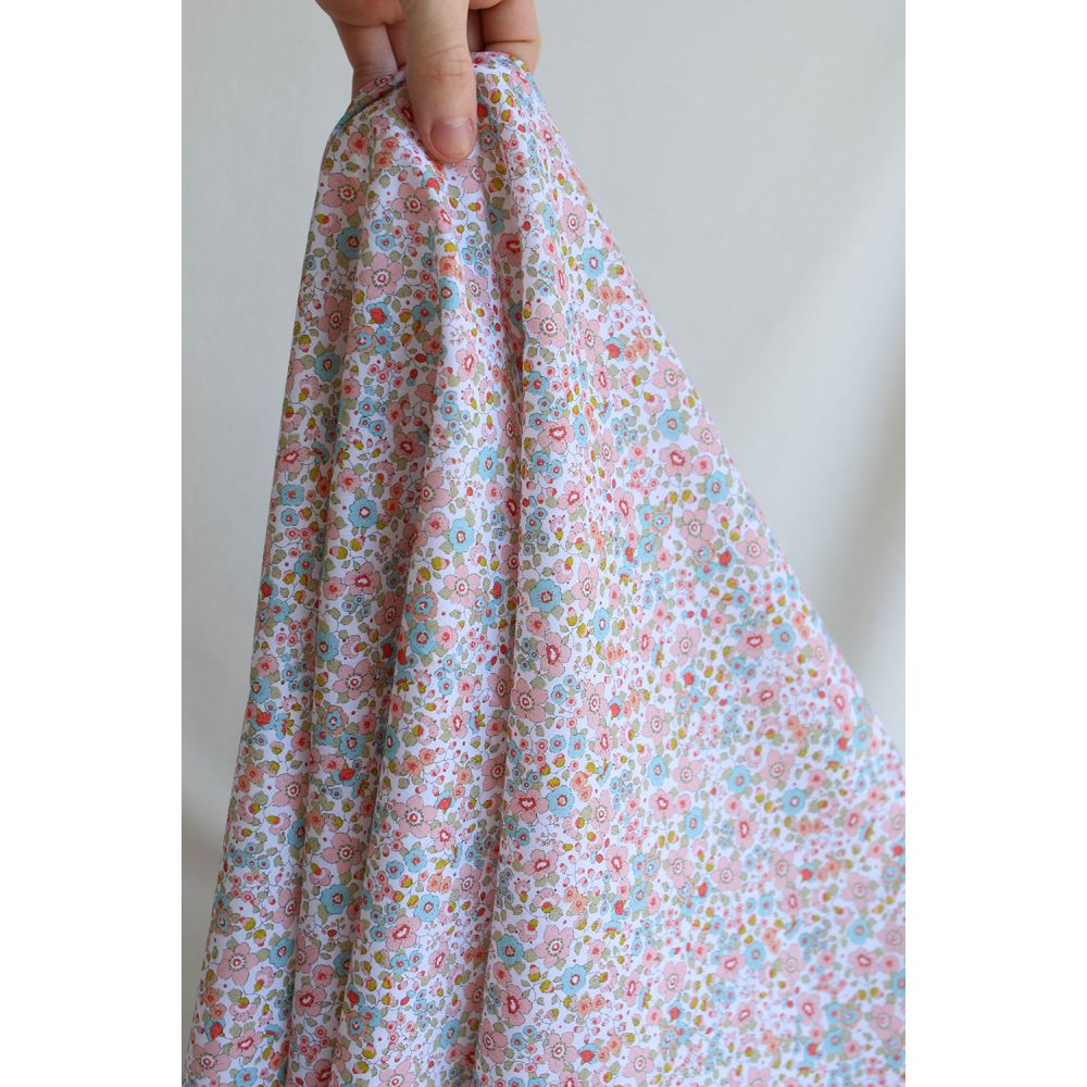 Clélie - Batiste de coton BIO à imprimé fleuri rose, bleu et vert