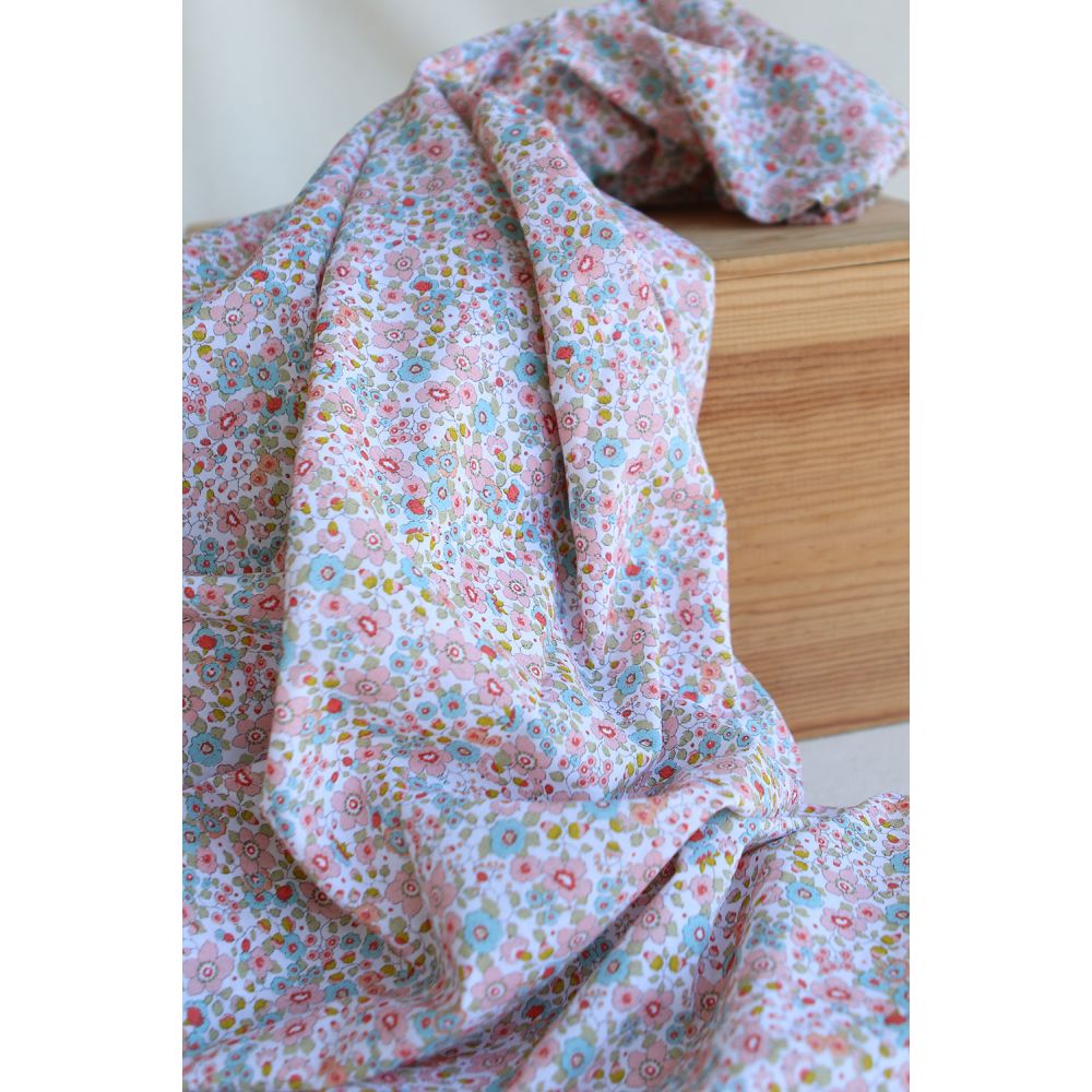 Clélie - Batiste de coton BIO à imprimé fleuri rose, bleu et vert