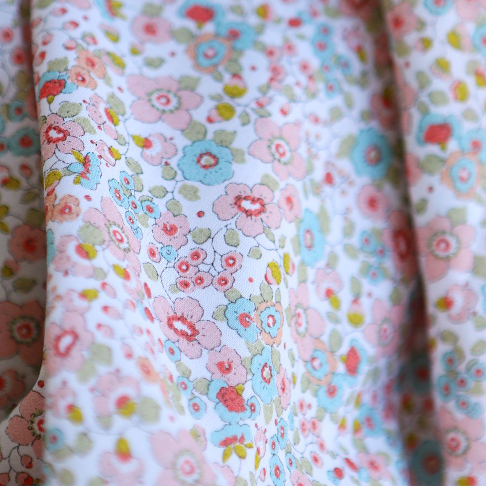 Clélie - Batiste de coton BIO à imprimé fleuri rose, bleu et vert