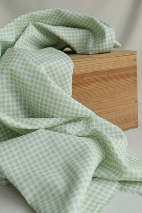 Paul - Tissu lin coton rayures 1mm blanc lait et vert amande