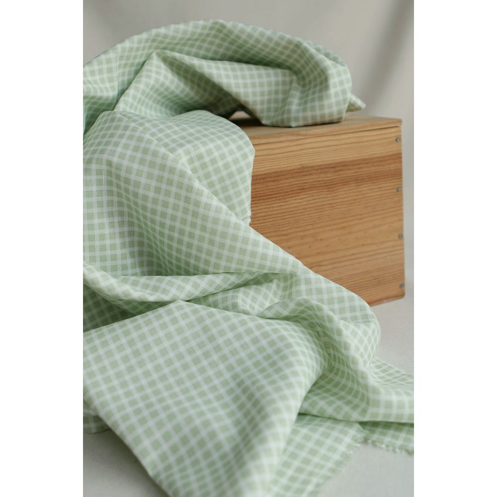 Paul - Tissu lin coton rayures 1mm blanc lait et vert amande