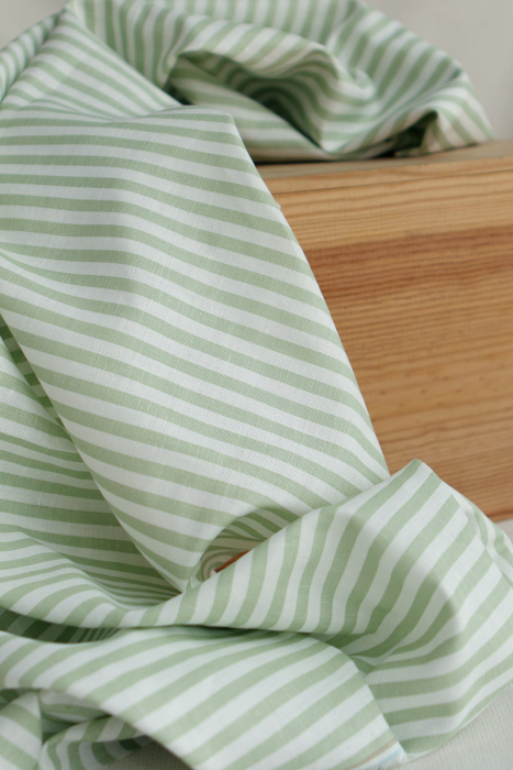 Lucas - Tissu lin coton rayures 6mm blanc lait et vert amande