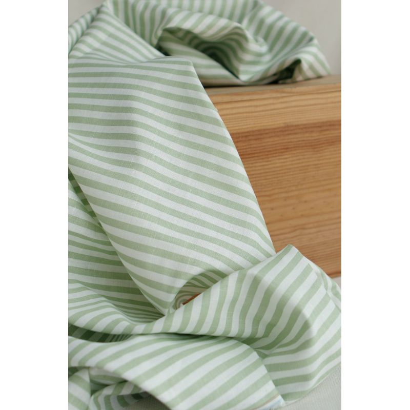 Lucas - Tissu lin coton rayures 6mm blanc lait et vert amande