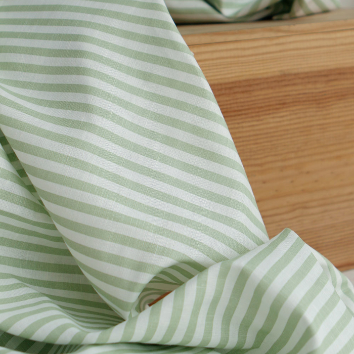 Lucas - Tissu lin coton rayures 6mm blanc lait et vert amande