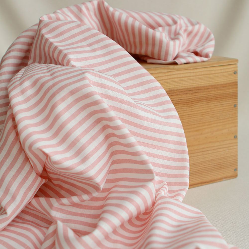 Lucas - Tissu lin coton rayures 6mm blanc lait et rose blush